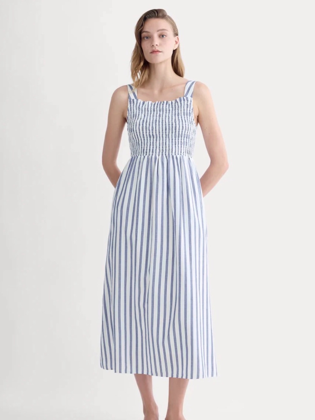 The Gauze Smock Dress In White & Blue Stripe